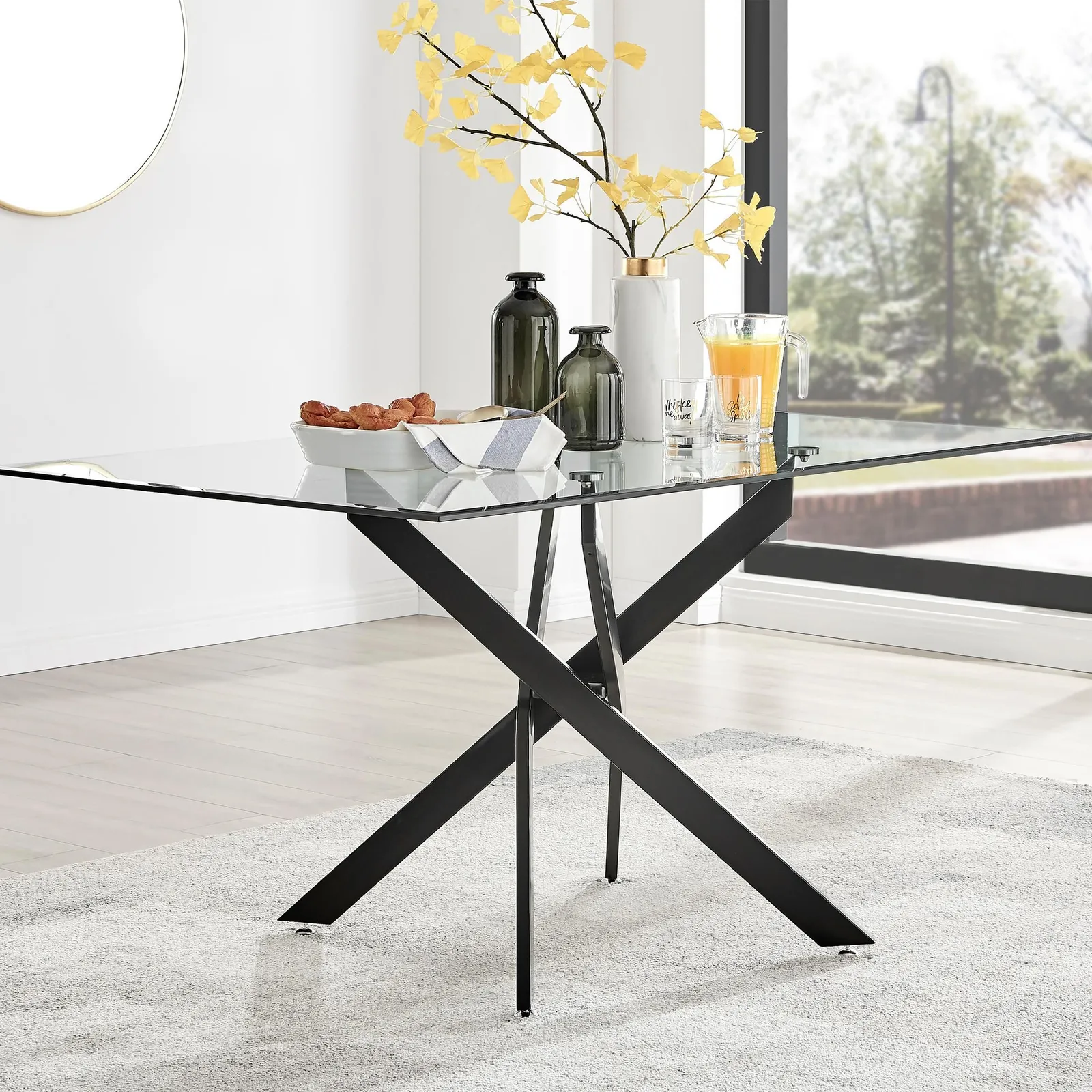 FurnitureboxUK Leonardo 150cm 6-Seater Glass & Chrome Metal Starburst Dining Table in Black