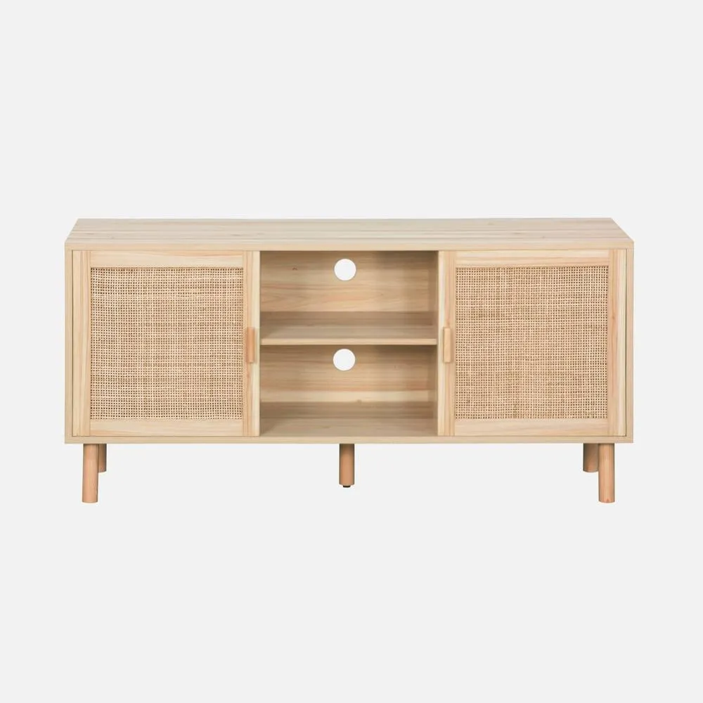 sweeek 120cm Tv Unit Wooden Effect & Cane 2 Doors in Light Brown 2