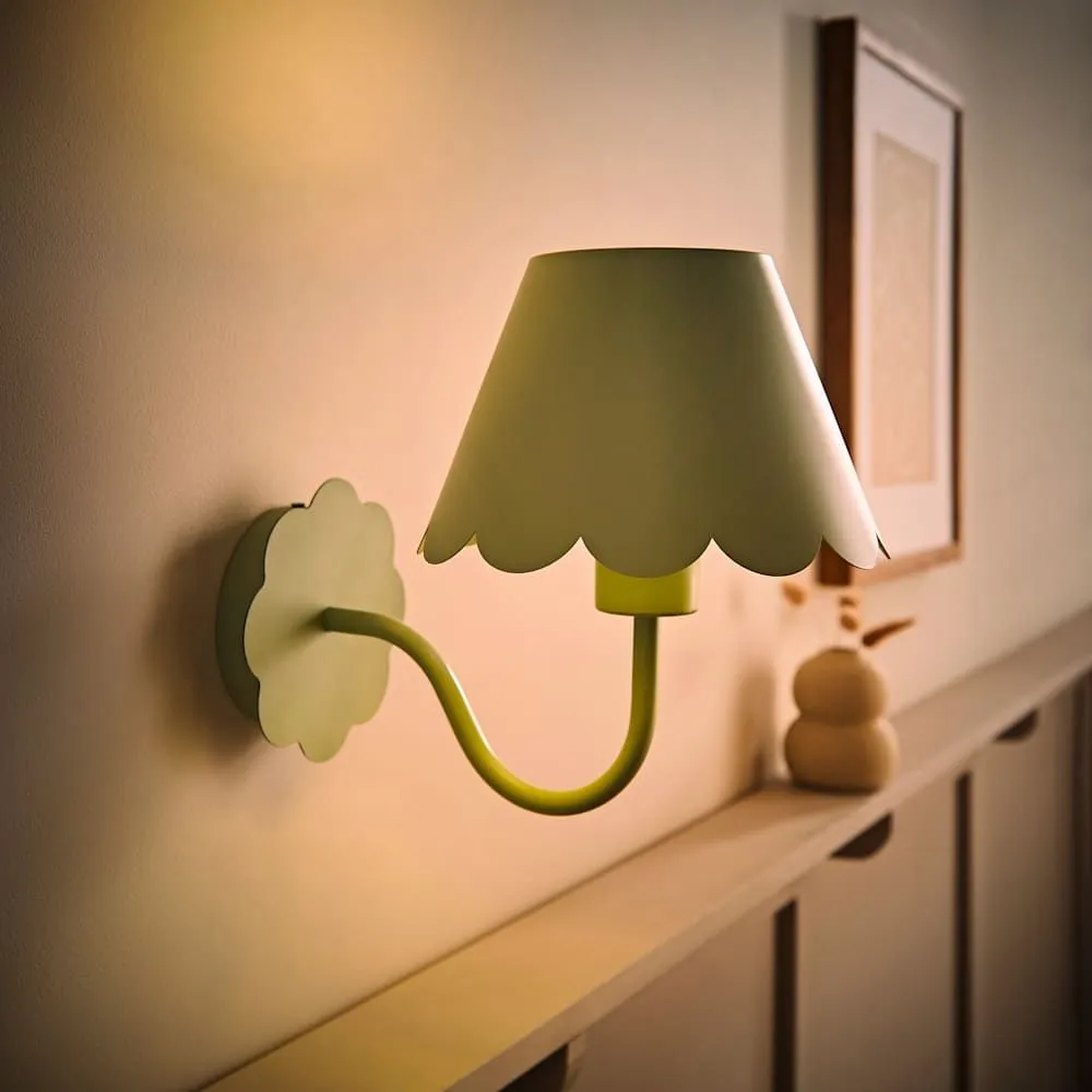 ValueLights Hattie Pair of Rechargeable Metal Scalloped Edge Wall Lights in Pale Green 3