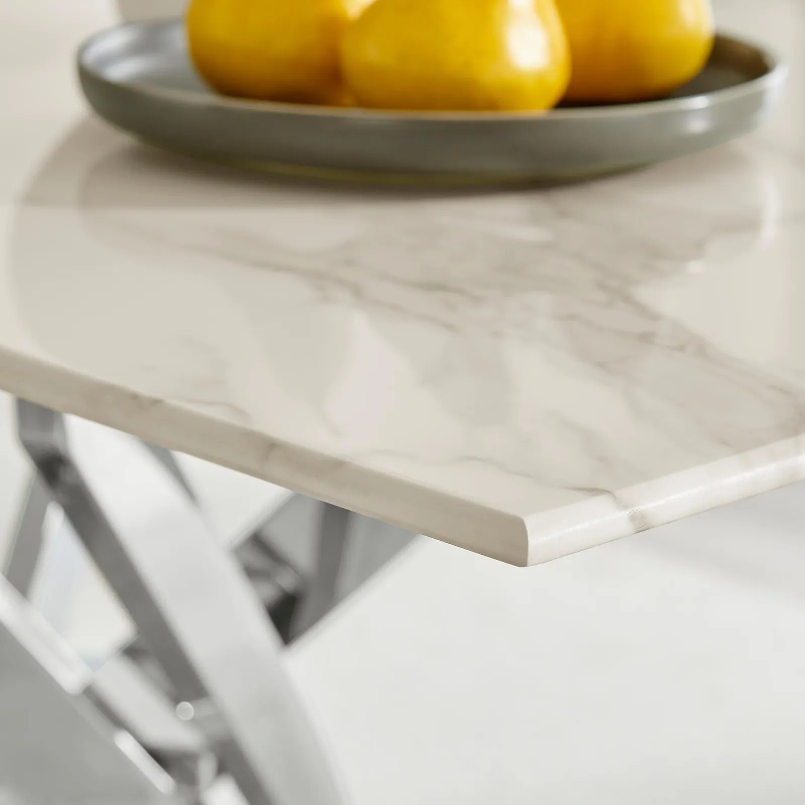 FurnitureboxUK Leonardo 4-Seater Dining Table With Marble Effect Glass Top & Silver Metal Legs in White 4