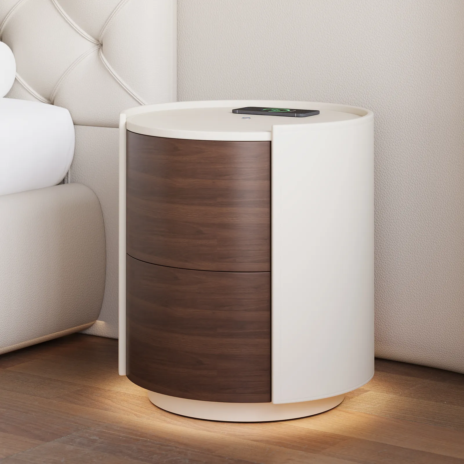 Modern Saddle Leather 2-Drawer Nightstand with Charging Station & Light