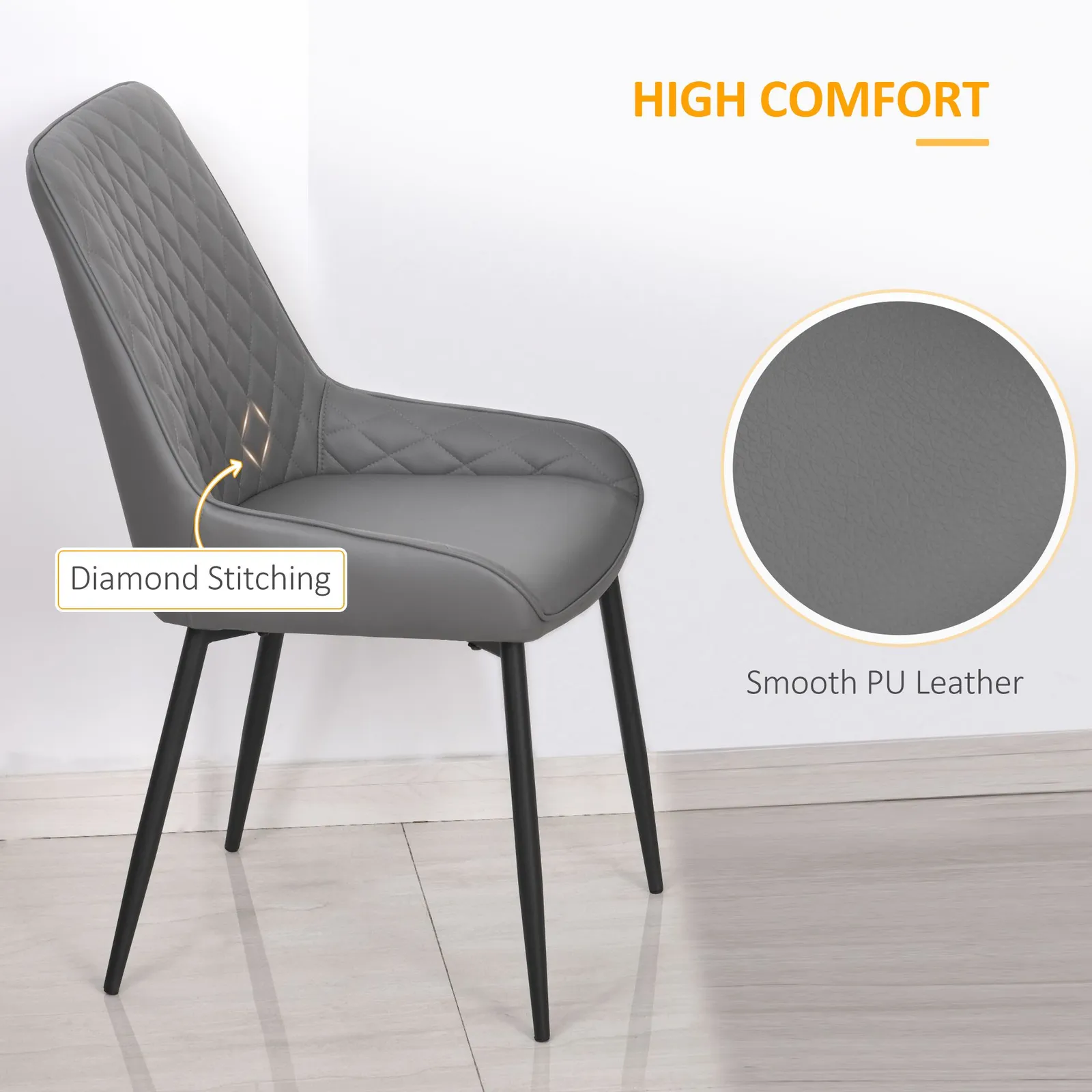 HOMCOM Set Of 2 Quilted PU Leather Dining Chairs w/ Metal Frame 4 Legs Executive Grey 4