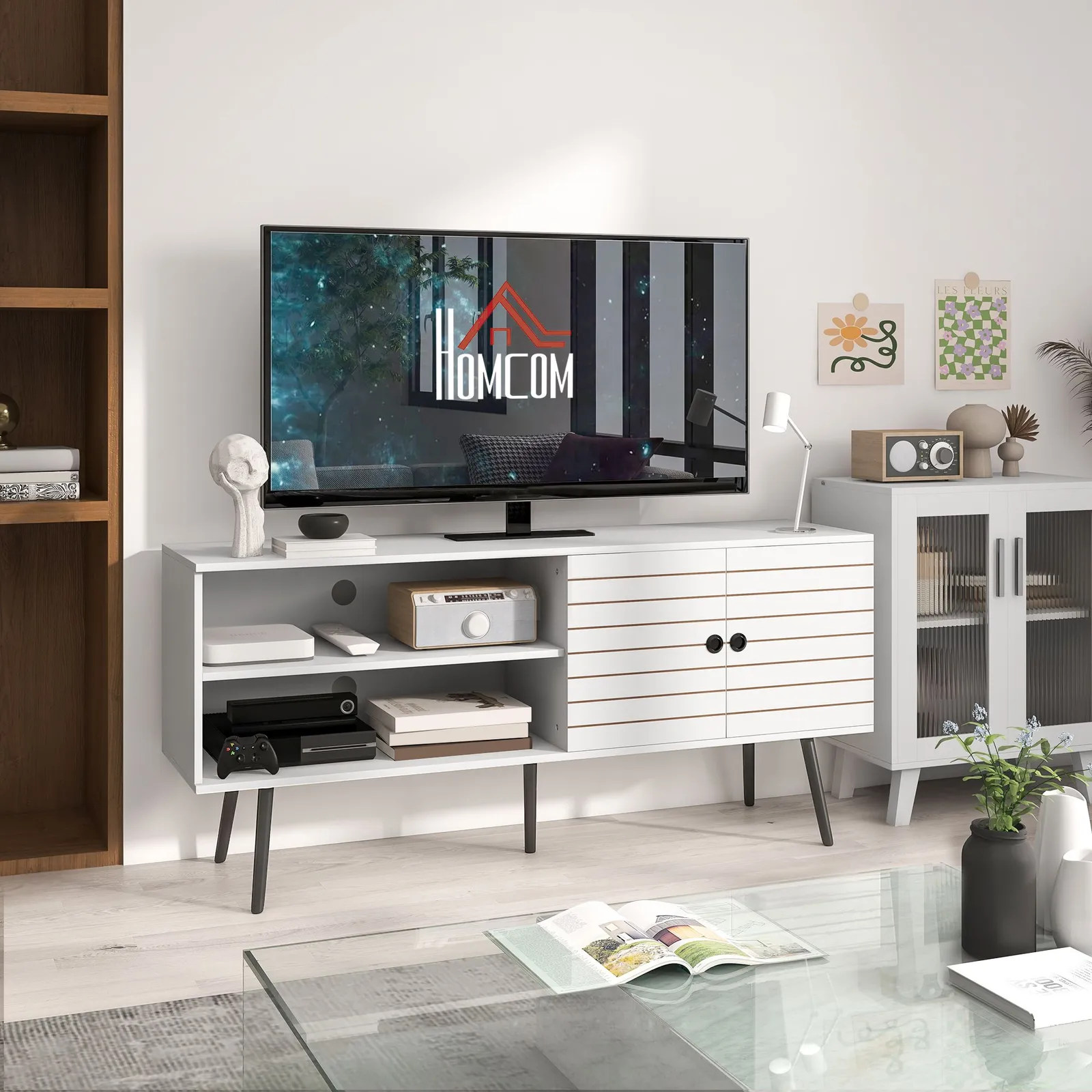 HOMCOM TV Stand Cabinet for TVs with Open Shelves, Soft-close Door, Cable Holes in White
