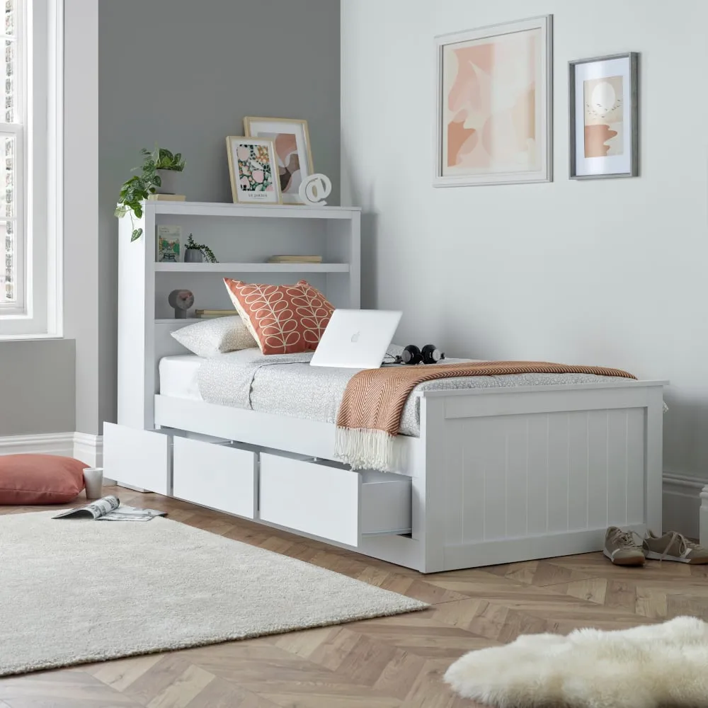 Enzo - Single – Bookcase 3 Drawer Storage Bed - White - Wood - 3ft