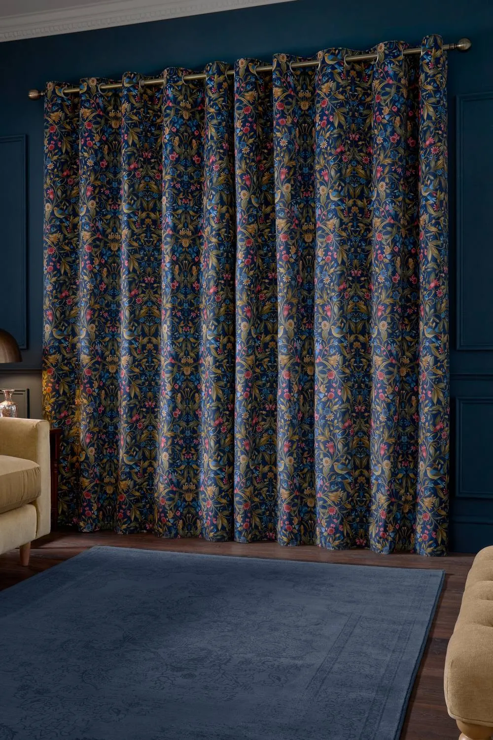Catherine Lansfield 'Hedgerow Hopper' Lined Eyelet Curtains in Navy 2