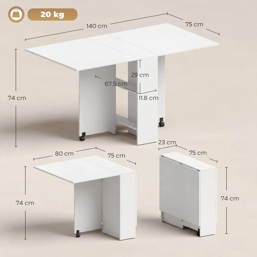 HOMCOM 80-140 cm Folding Dining Table for 4-6 Drop Leaf Table White 3