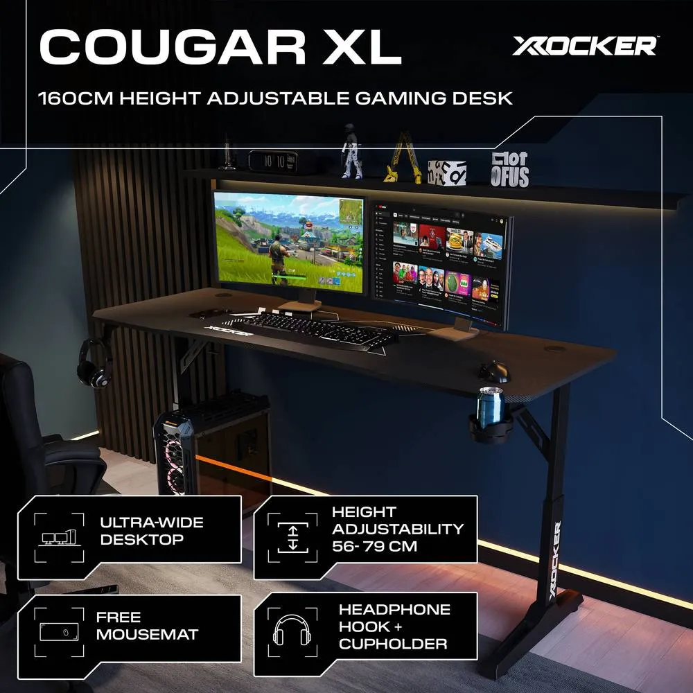 X Rocker Cougar XL 160cm Height Adjustable Gaming Desk with Mousepad - Black 2