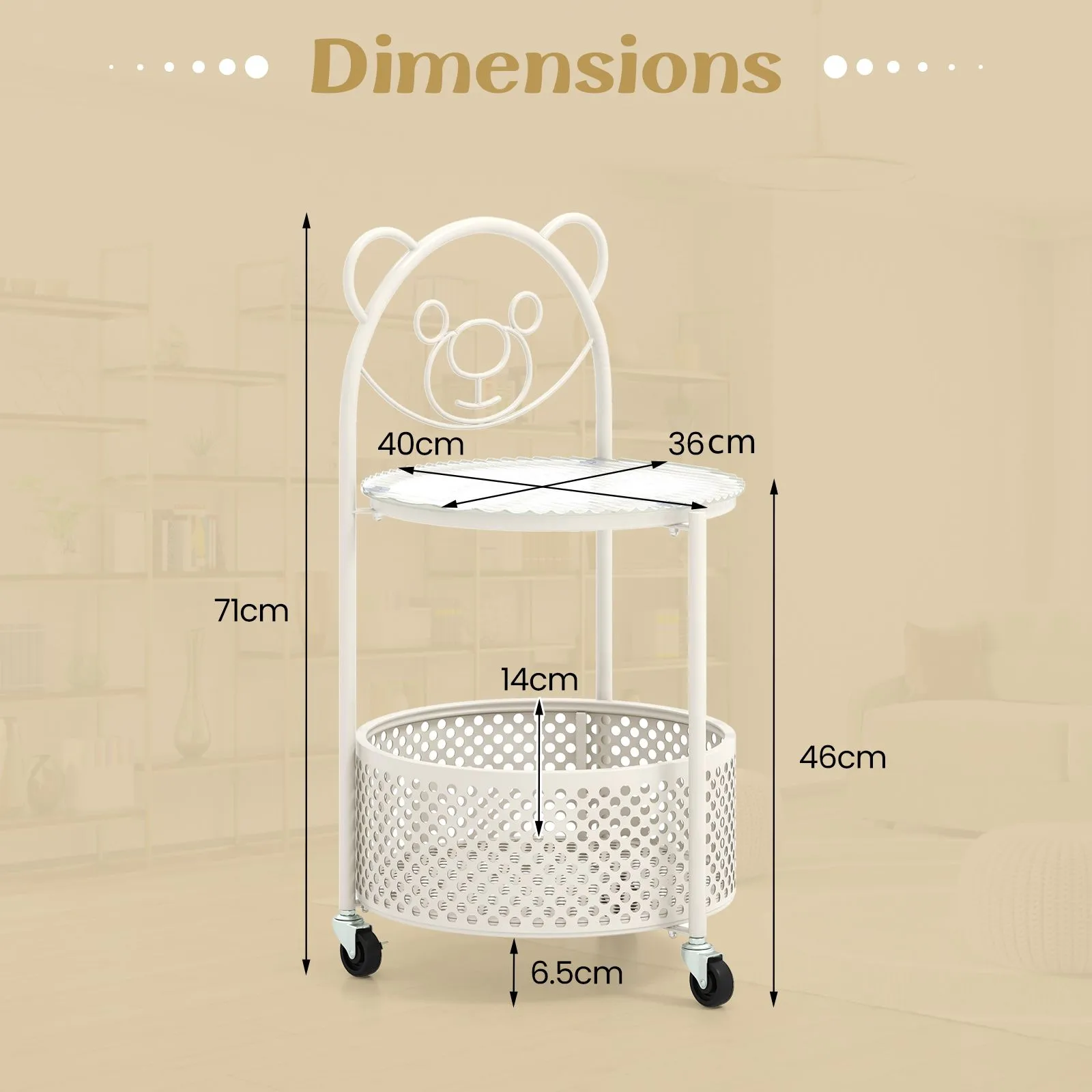 Costway Mobile Glass Coffee Table 2-Tier Round End Table w/Bear Pattern in White 2