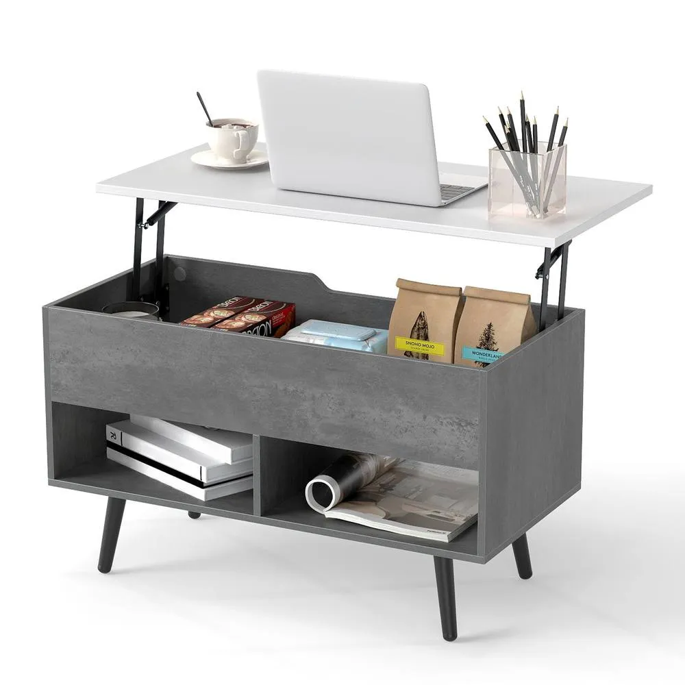 Costway Lift Top Coffee Table Modern Accent Table w/ Shelves Hidden Storage in Grey 4