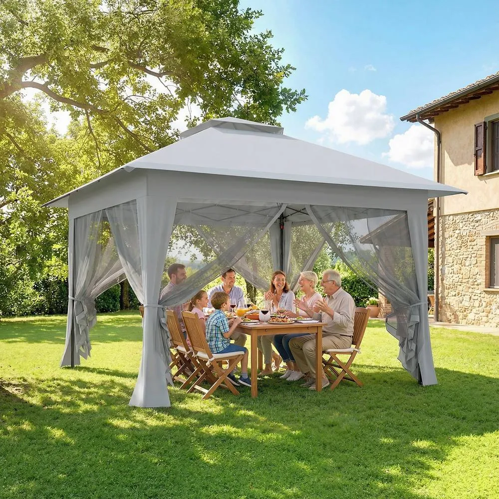 OUTSUNNY 3.6 x 3.6m Pop-up Tent Gazebo Instant Canopy Steel w/ Bag in Light Grey