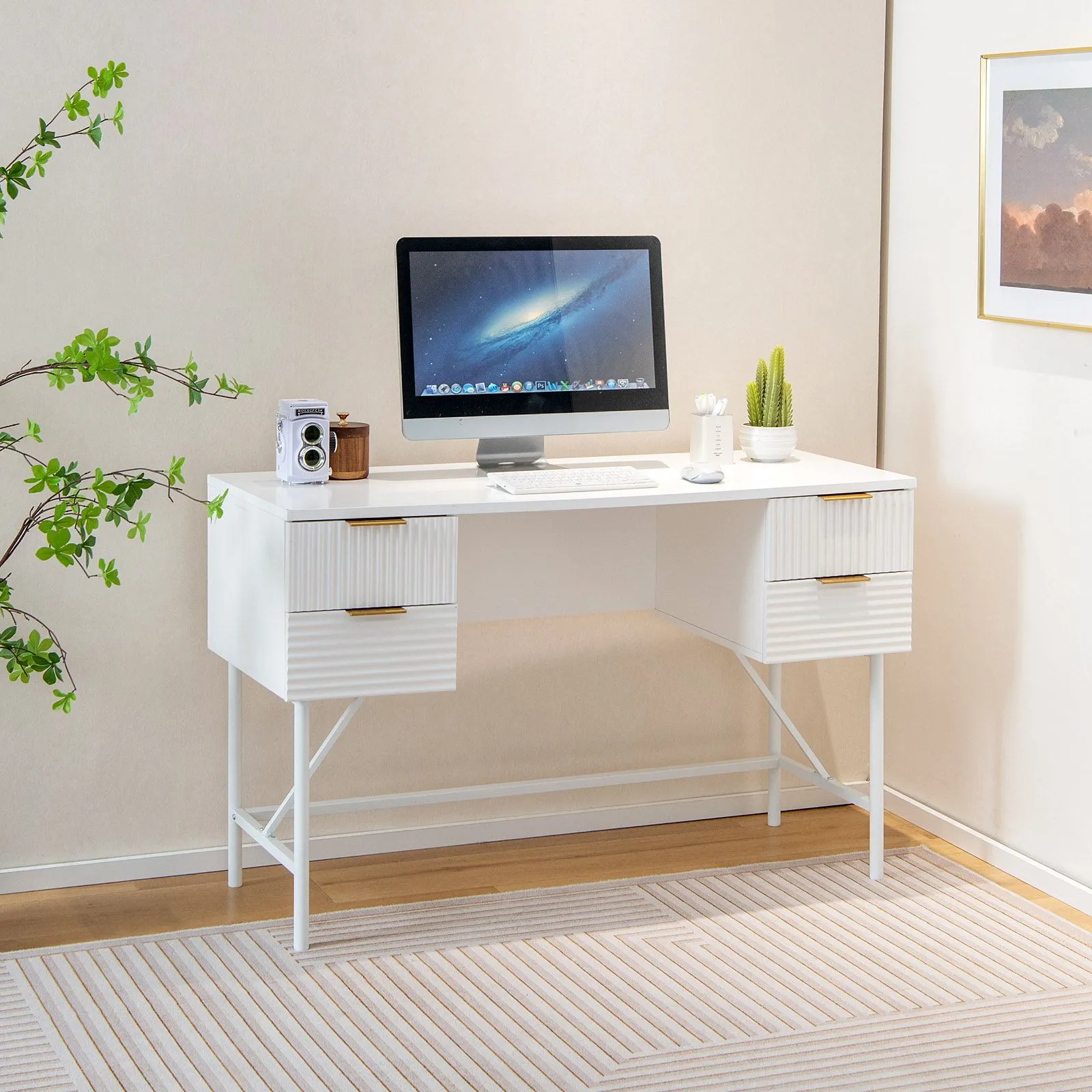 Costway Home Office Desk Computer Desk Study Writing Table PC Workstation W/ 4 Drawers in White 3