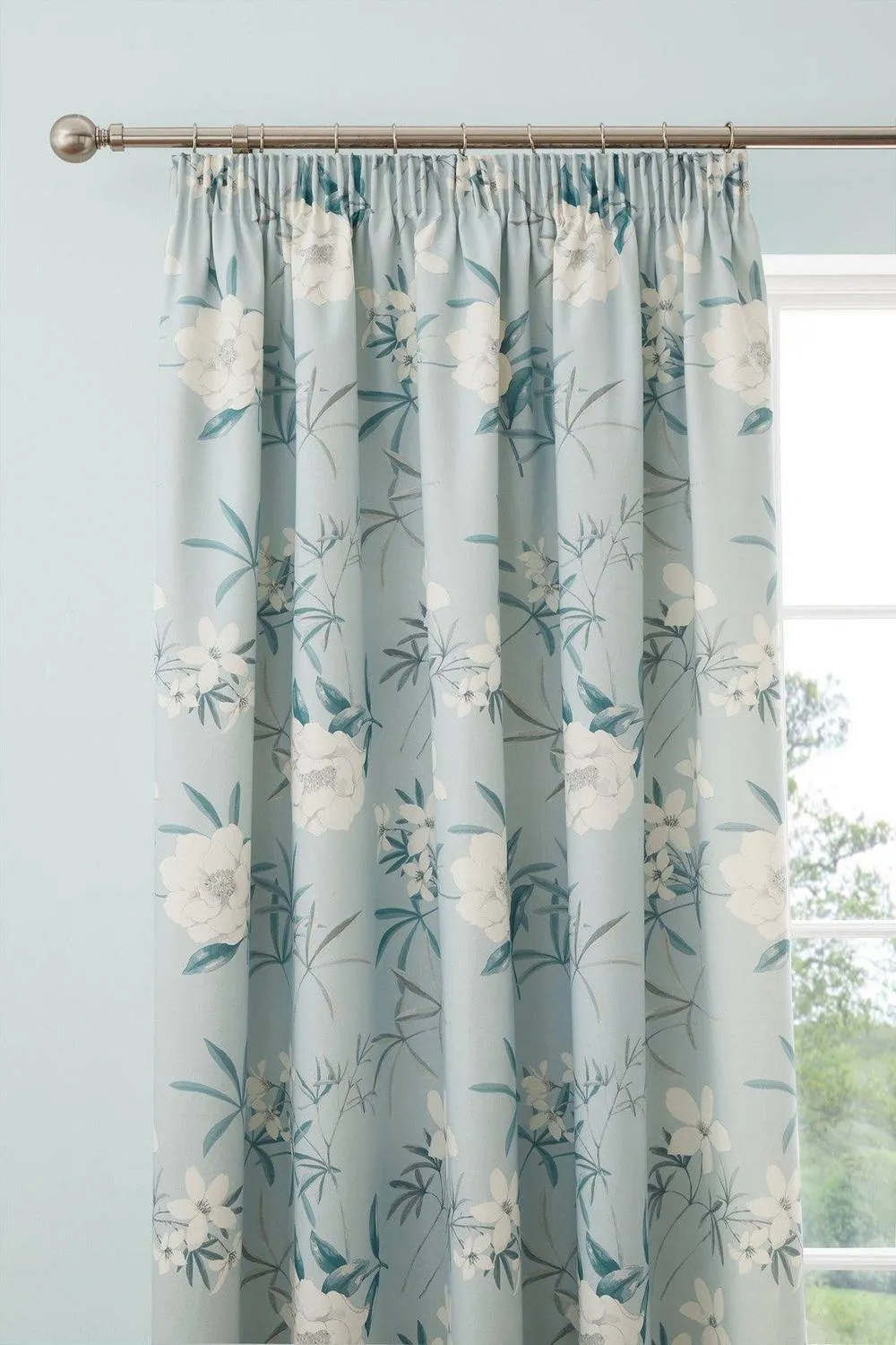 Dreams & Drapes 'Eve' 100% Cotton Floral Pair of Pencil Pleat Curtains With Tie-Backs in Duck Egg Blue 4