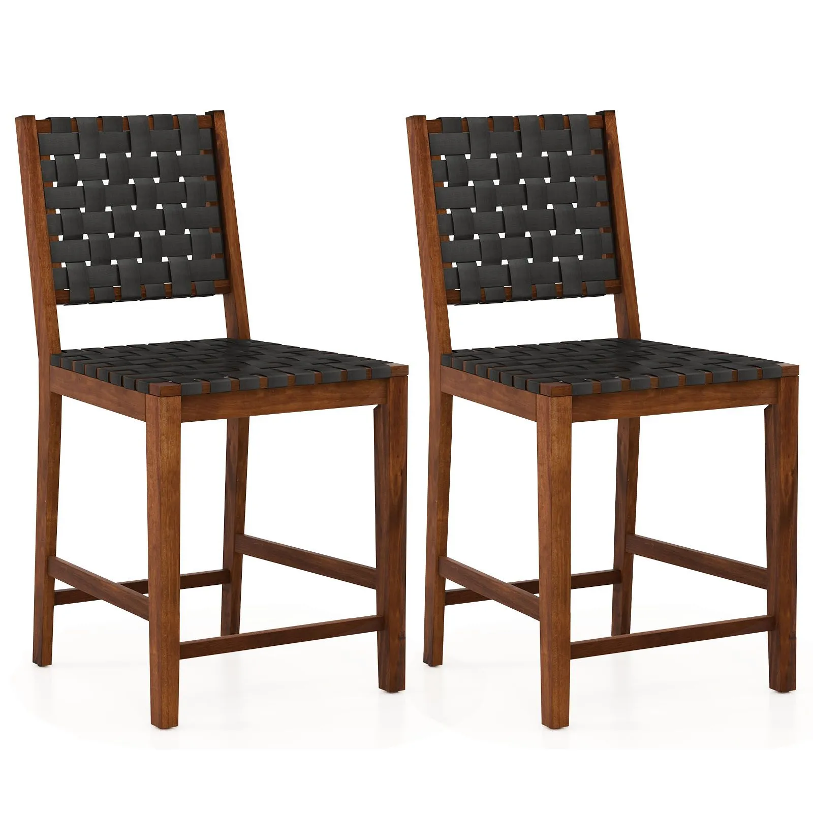 Costway Woven Bar Stools Set of 2 Counter Height Chairs w/ Faux PU Leather Straps in Brown