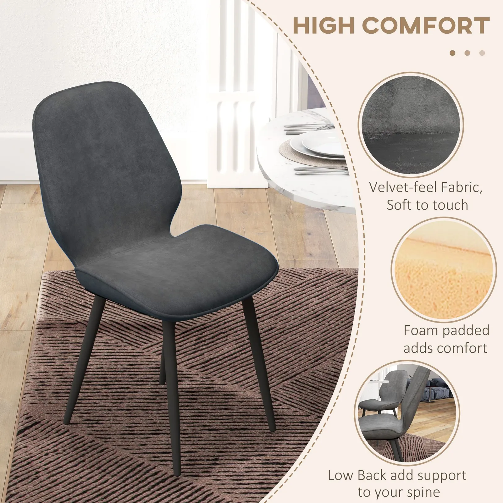 HOMCOM Dining Chairs Set of 2, Upholstered Kitchen Chairs with Metal Legs in Grey 6