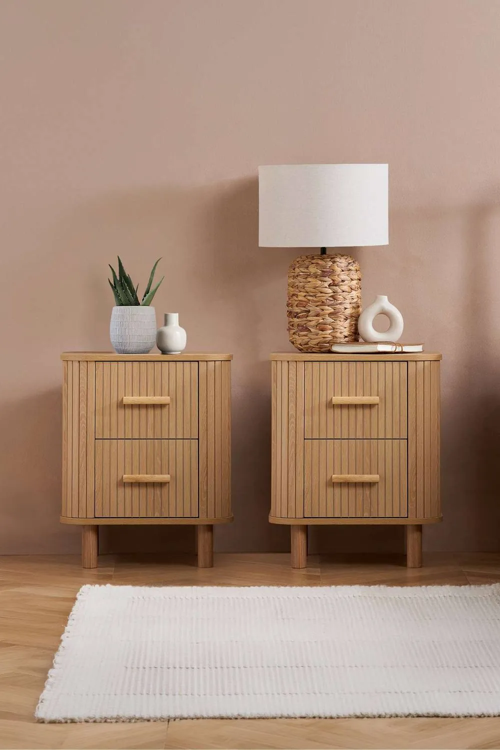 Birlea Pair of 2 Drawer Oak Wooden Fluted Bedside Axel in Natural
