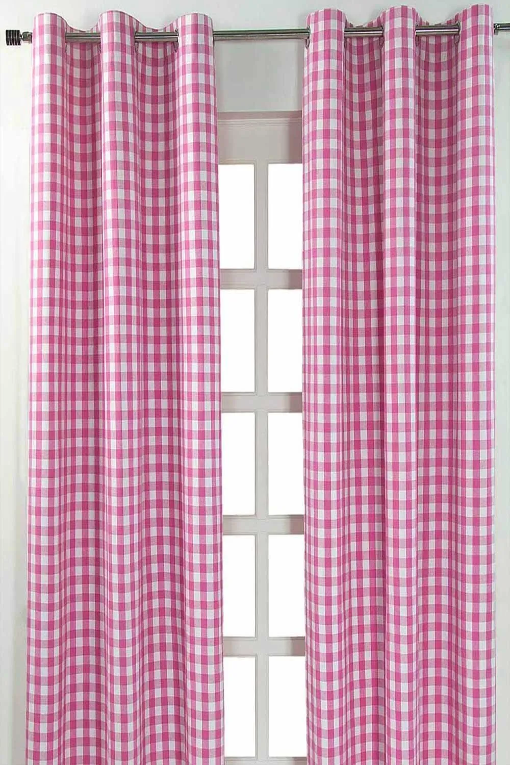 Homescapes Cotton Block Check Gingham Eyelet Curtain Pair in Pink 1