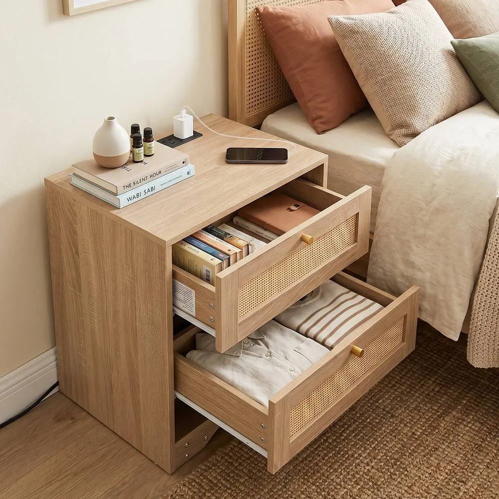 Costway Nightstand with Charging Station LED Light Strip in Khaki 3