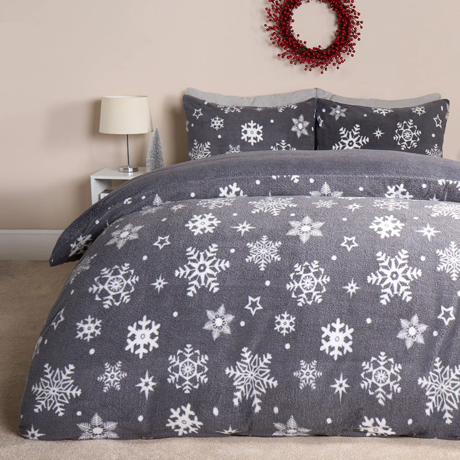 OHS Snowflake Teddy Fleece Duvet Cover Bedding Winter Christmas in Grey