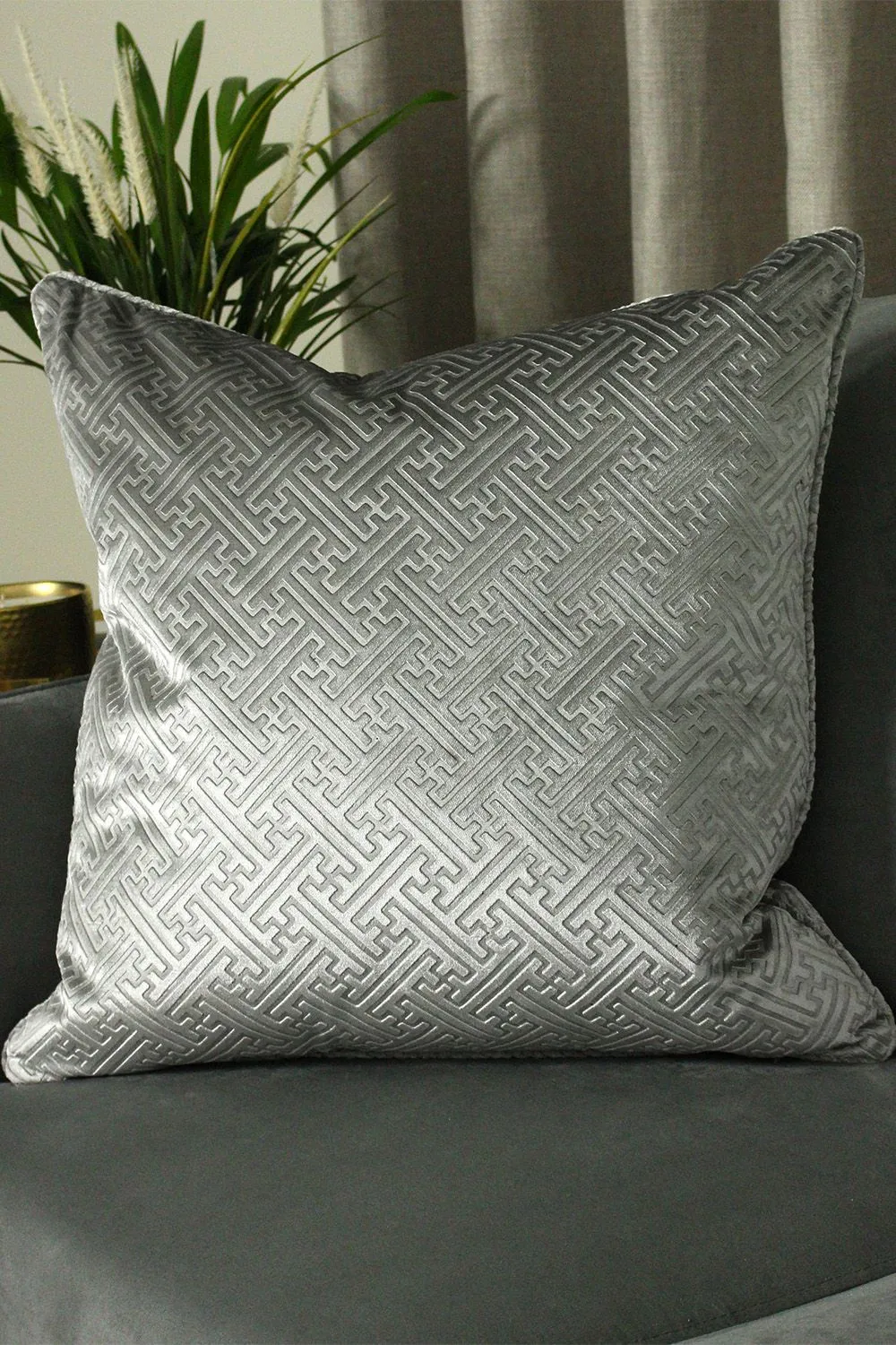 Paoletti Florence Geometric Embossed Velvet Piped Cushion in Silver 3