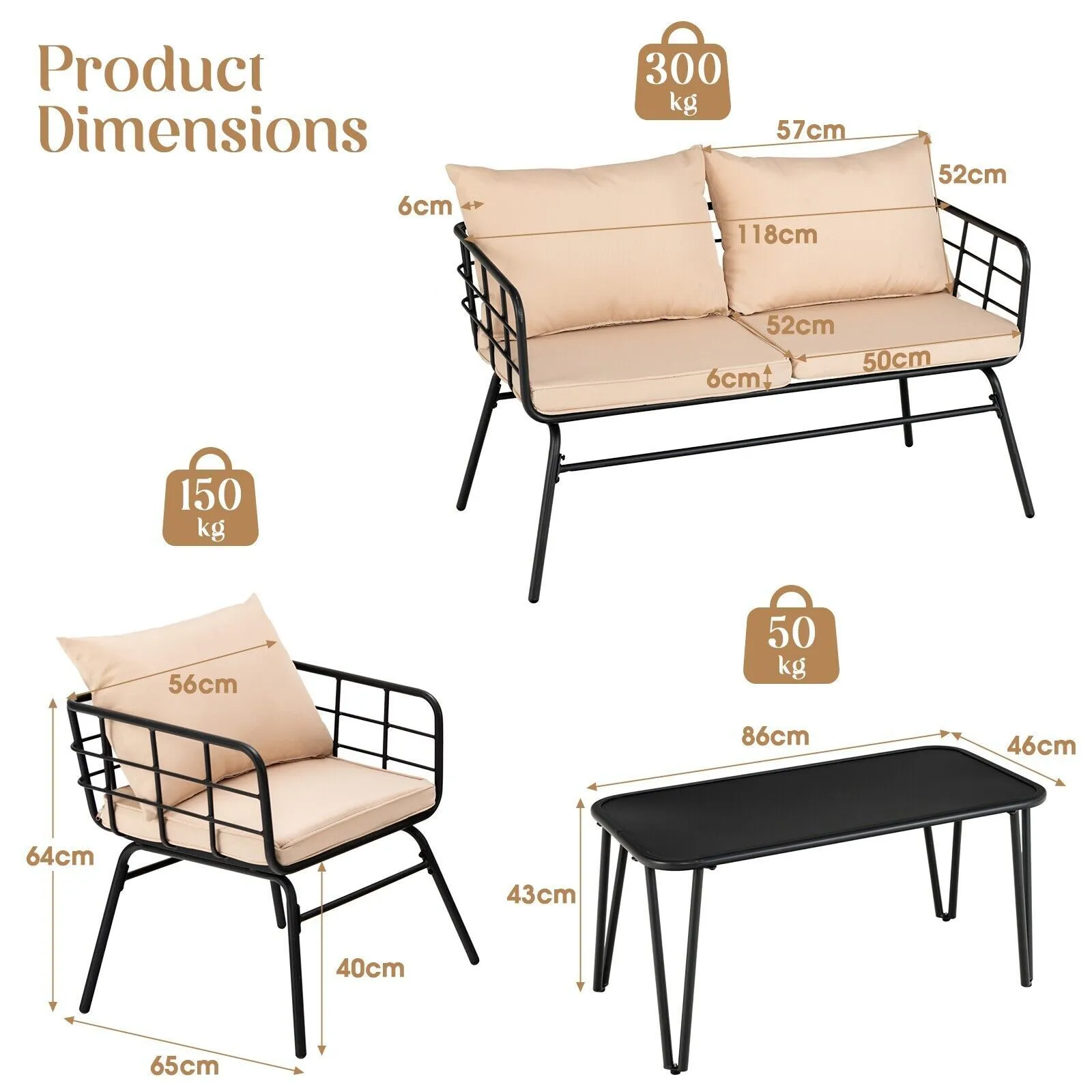 Costway 4 PCS Patio Conversation Set Outdoor Furniture Loveseat Coffee Table 2 Chairs in Beige 2