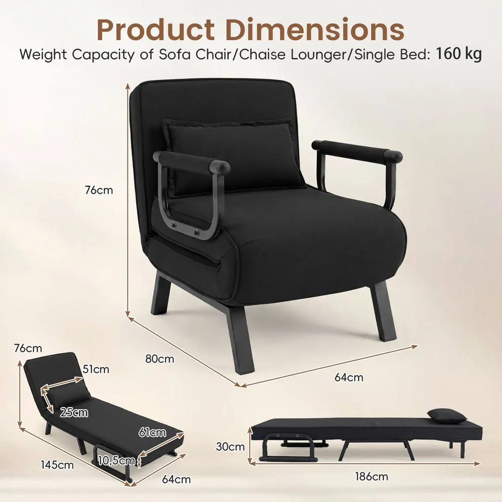 Costway Convertible Sleeper Chair Folding Sofa Bed with Adjustable Backrest in Black 2
