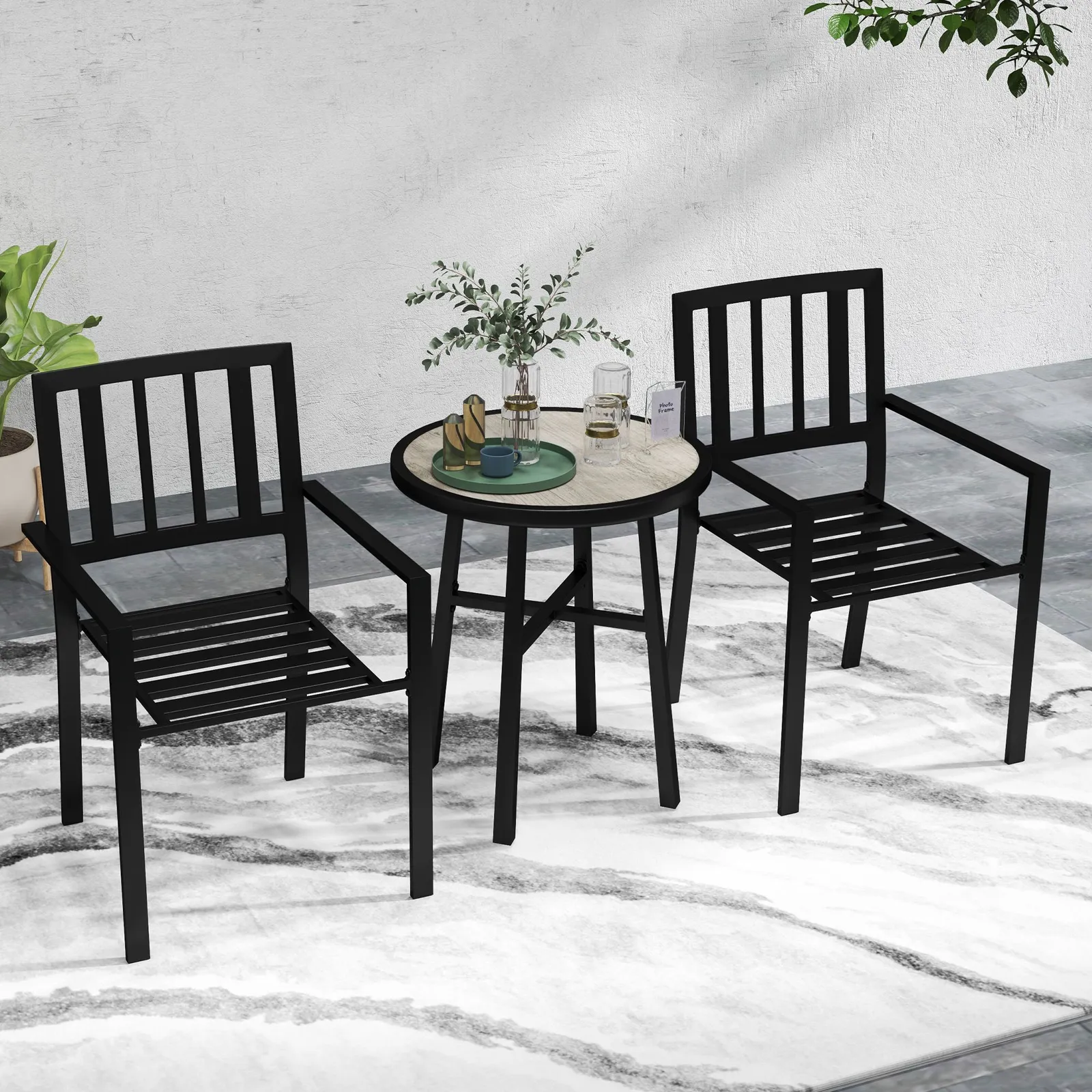 OUTSUNNY 3 Piece Patio Bistro Set with Plastic Top, 2 Stackable Chairs, Grey
