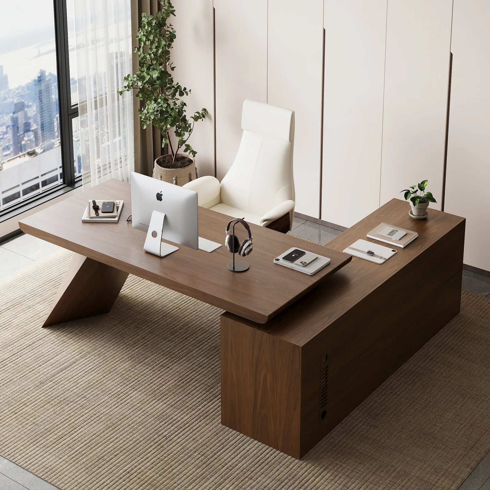 Modern Walnut Large L-Shape Executive Desk with Drawers & Cabinet Left Hand Office Furniture (180 cm)