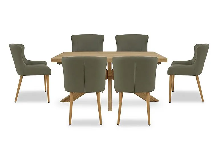 Riga Dining Table with Wooden Star Base and 6 Upholstered Chairs - 140-cm - Green