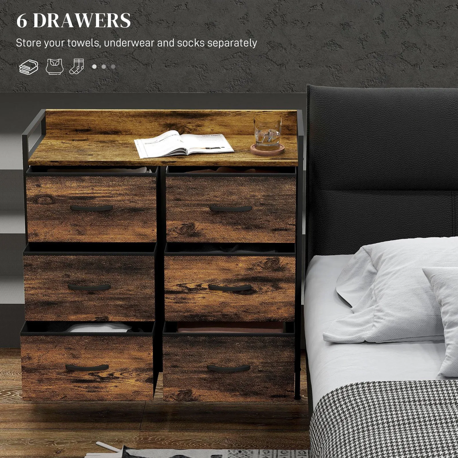 HOMCOM Bedroom Chest of Drawers, Drawer Dresser Storage Organiser Unit w/ Foldable Drawers, Open Shelves & Steel Frame for Living Room, Entryway 4