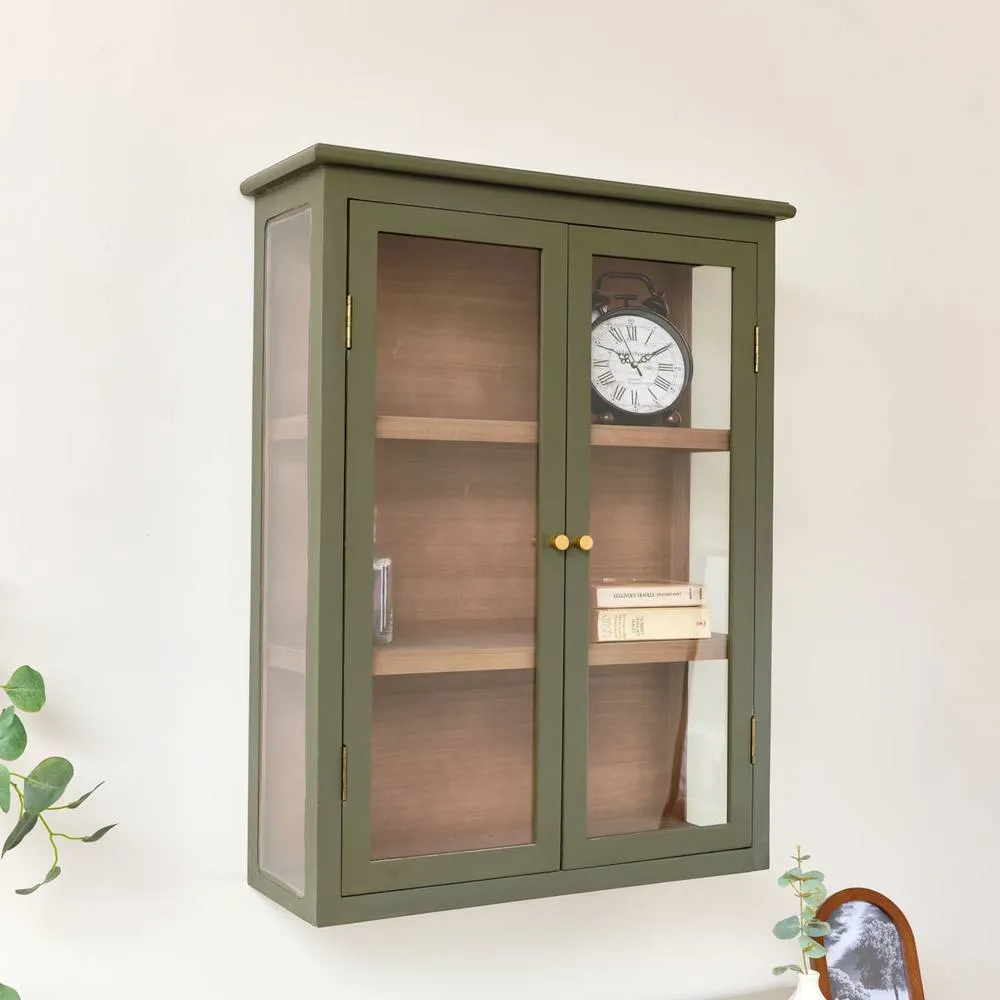 Melody Maison Khaki Green & Wood Wall Cabinet With Clear Glass Front 70cm X 90cm 2
