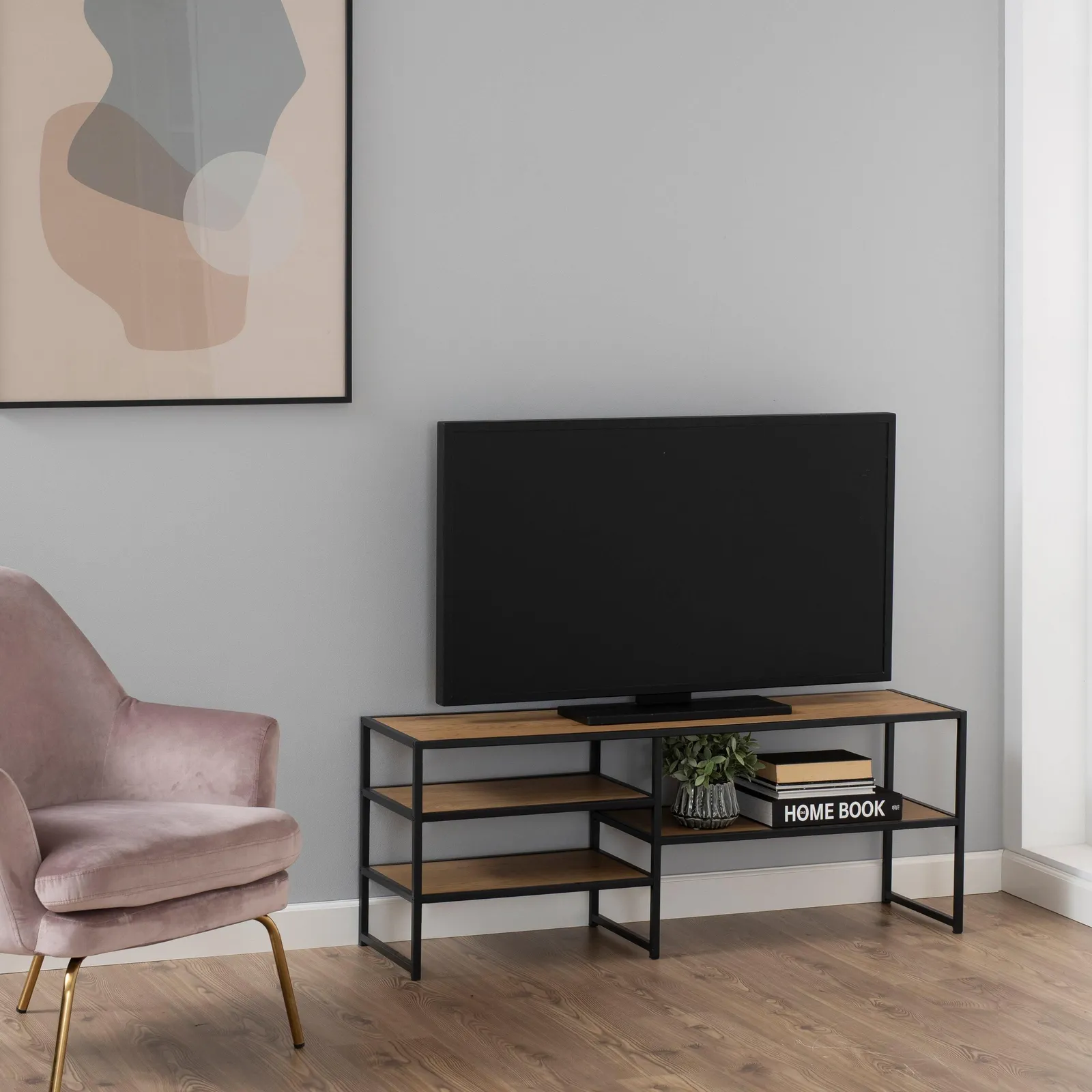 Furniture To Go Seaford Black Metal Open TV Unit with 3 Oak Shelves 5