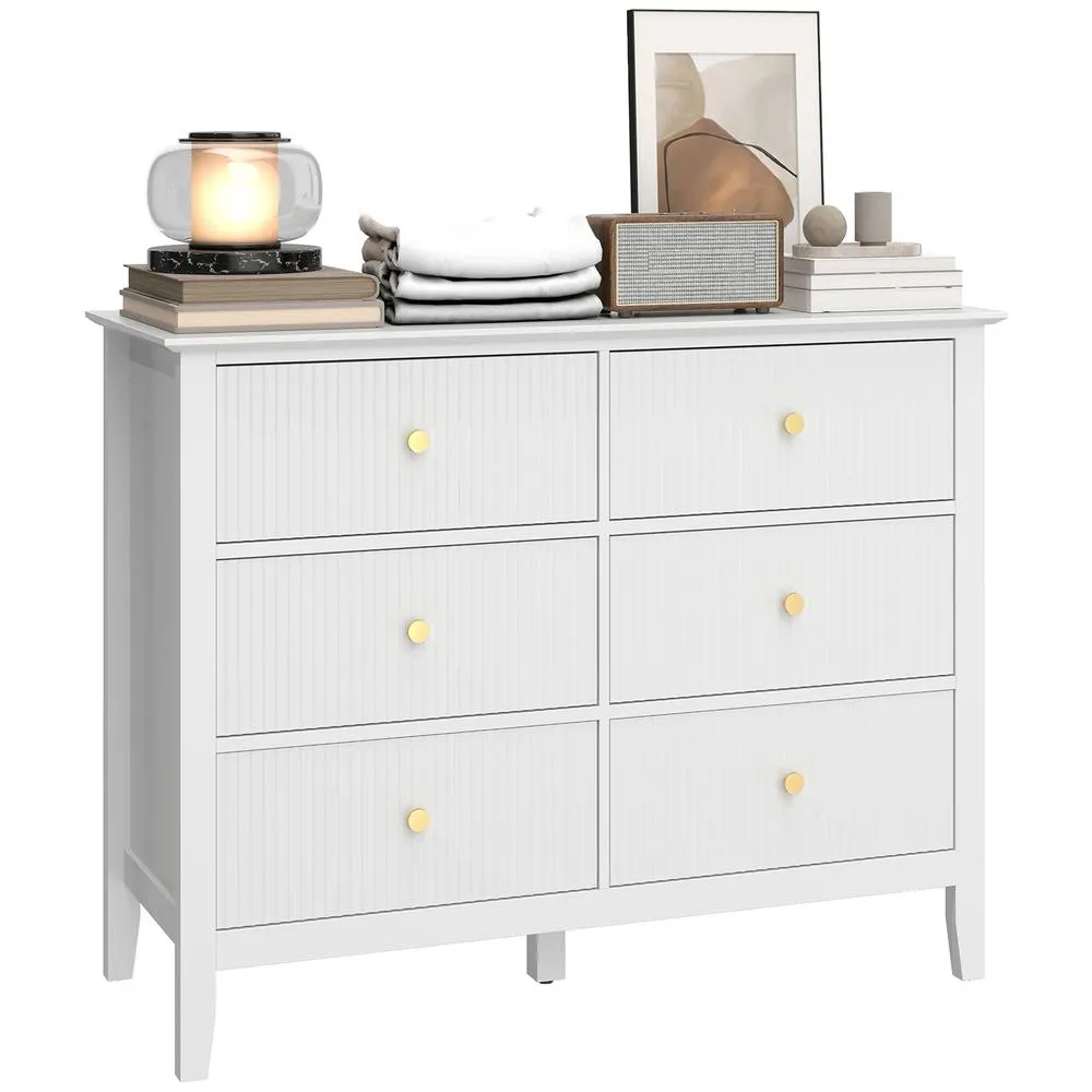 HOMCOM Fluted Chest of Drawers 6 Drawer Dresser for Bedroom Hallway White 2