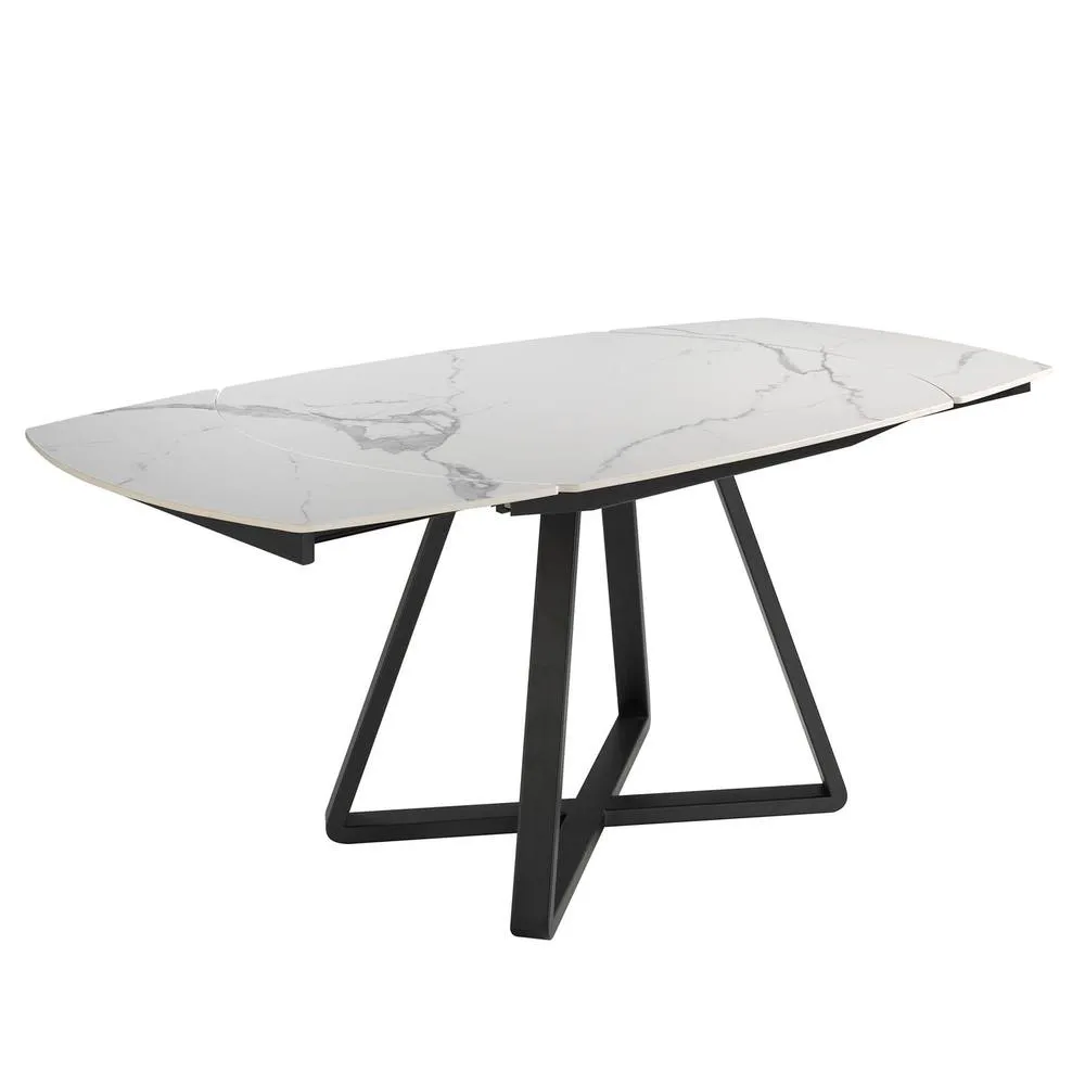 Angel Cerda Oval Extendable Dining Table, Porcelain Marble, Black Steel Legs