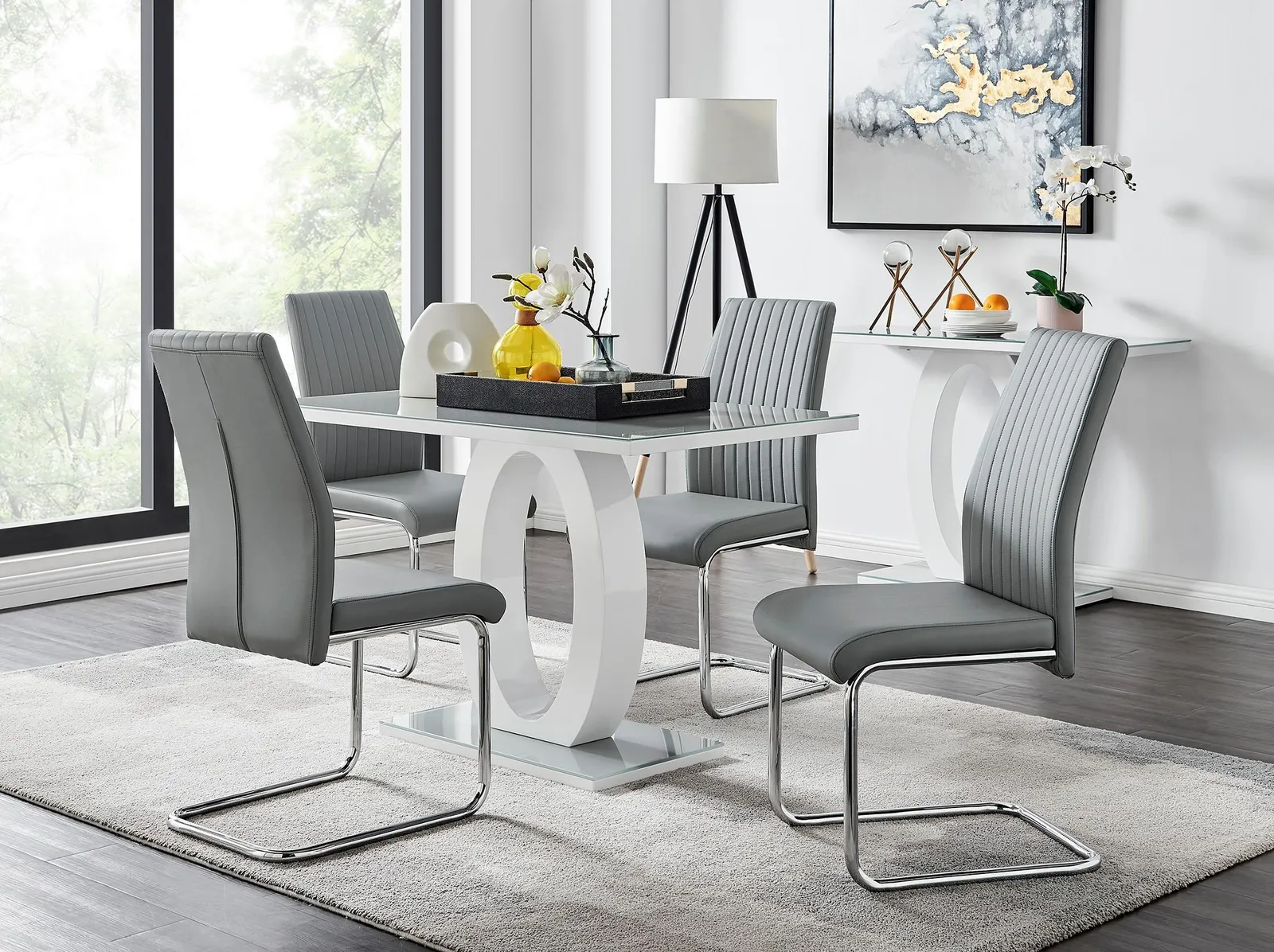 FurnitureboxUK Giovani Grey White Modern High Gloss & Glass Dining Table & 4 Lorenzo Chairs Set 1