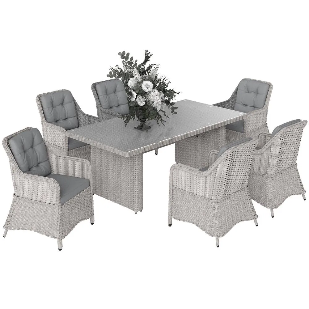 OUTSUNNY 7 PCS Patio PE Rattan Wicker Dining Table Set Furniture w/ Tempered Glass in Grey 2