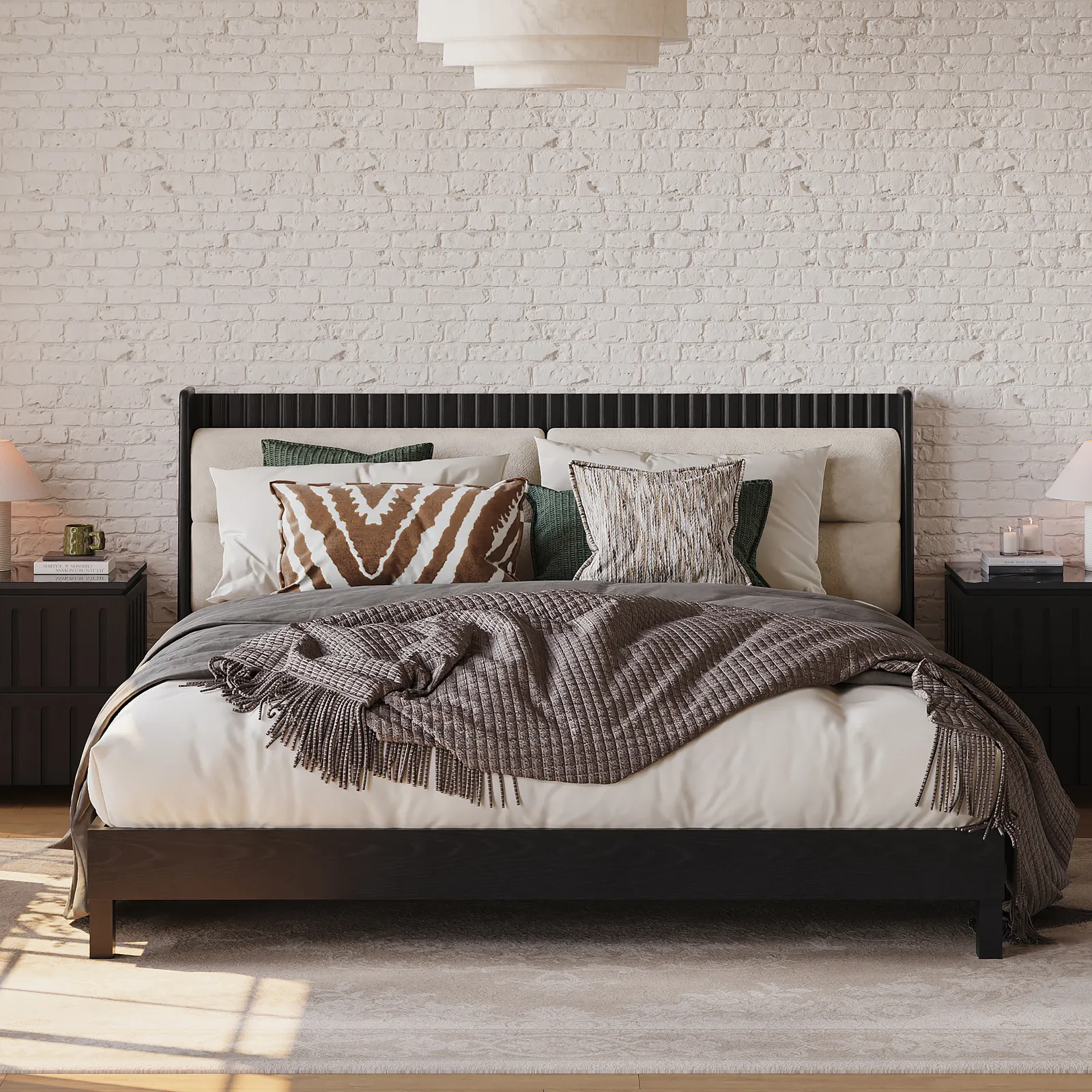 Modern Solid Wood Bed with Boucle Headboard Pillows, 180 x 200 cm