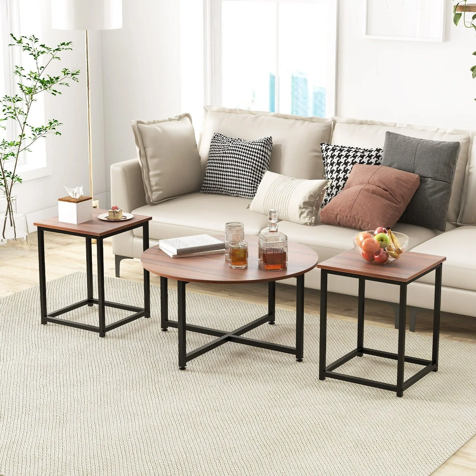 Costway Set of 3 Modern Coffee Table Set Round Coffee Table & 2PCS Square End Tables in Brown 3