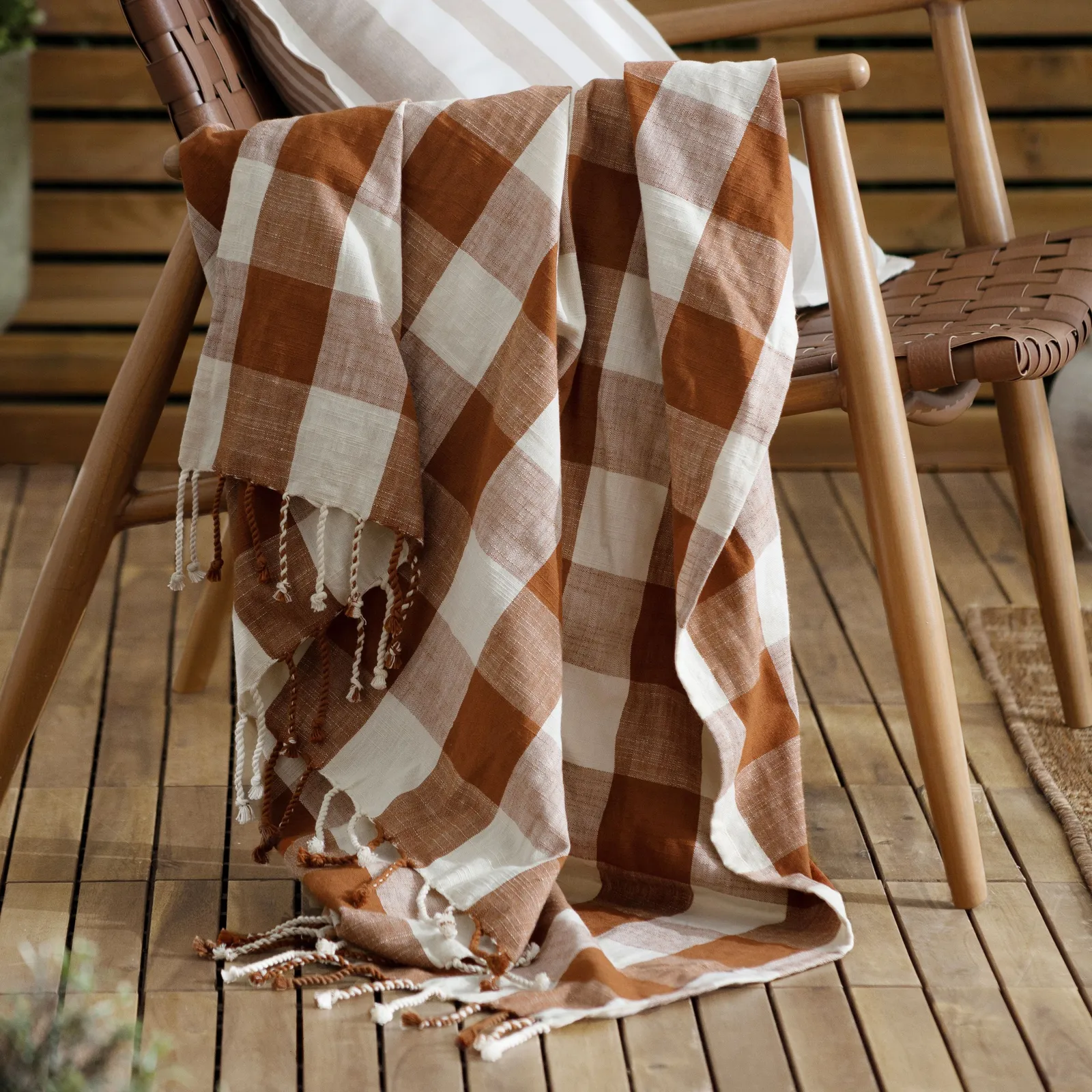 Yard Chesil Check Tasselled 100% Cotton Throw in Brown