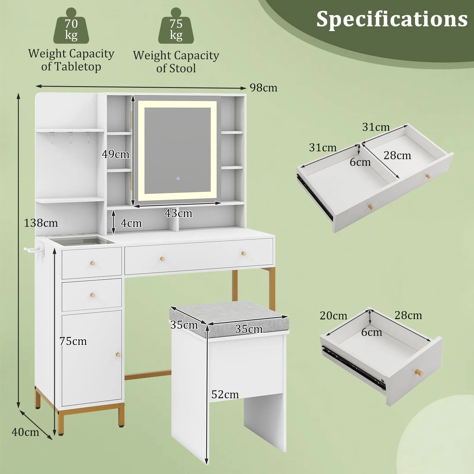 Costway Makeup Vanity Desk Dressing Table & Stool Set with Lighted Mirror in White 2