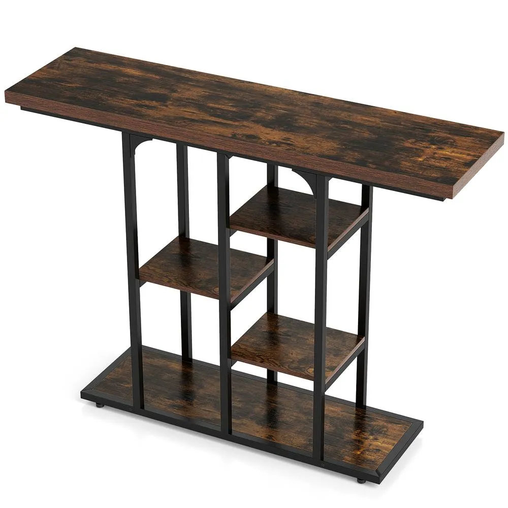 Costway 109 cm Console Table Industrial Narrow Entrance Table with Shelves in Brown