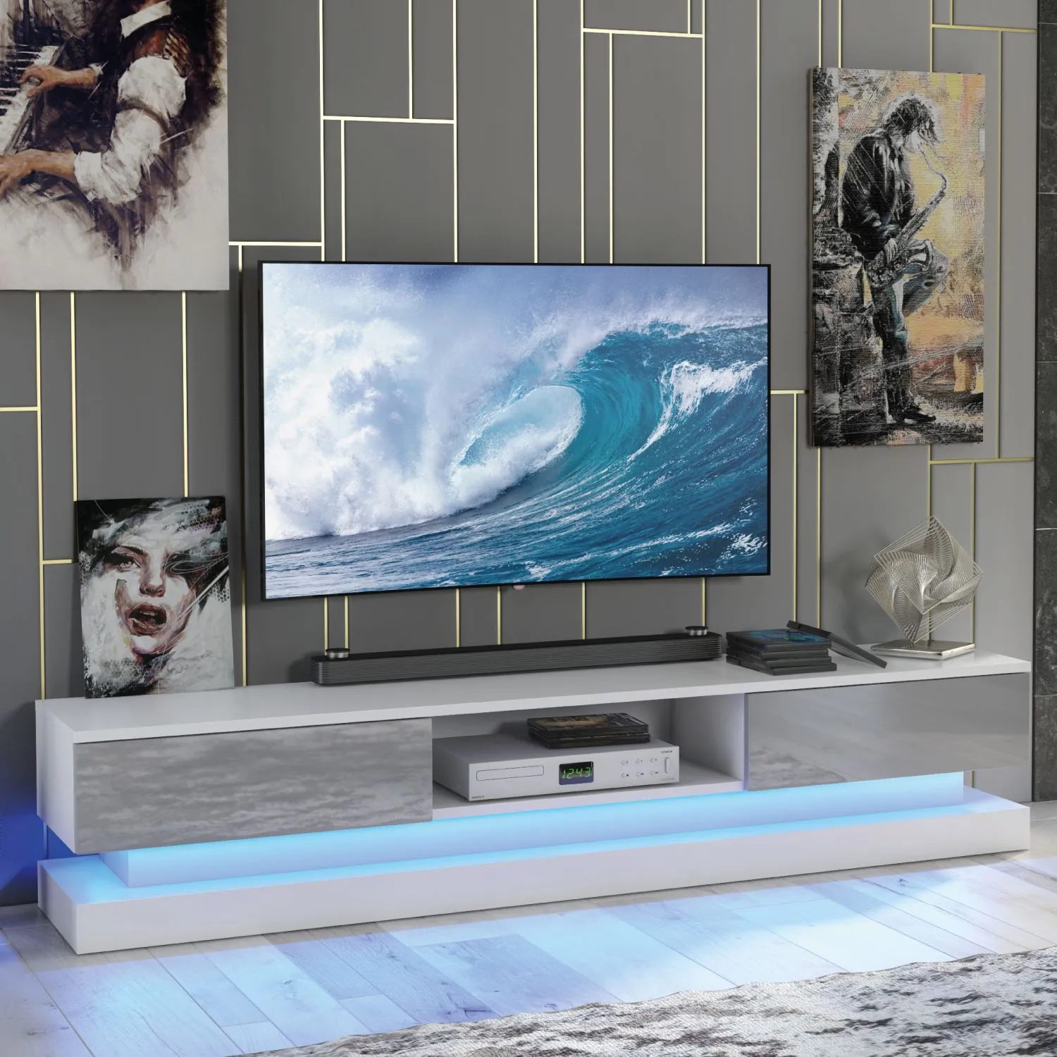 Creative Furniture Bloom TV Unit 180cm - A Functional & Contemporary Cabinet with Gloss Doors & LED Lights in Grey