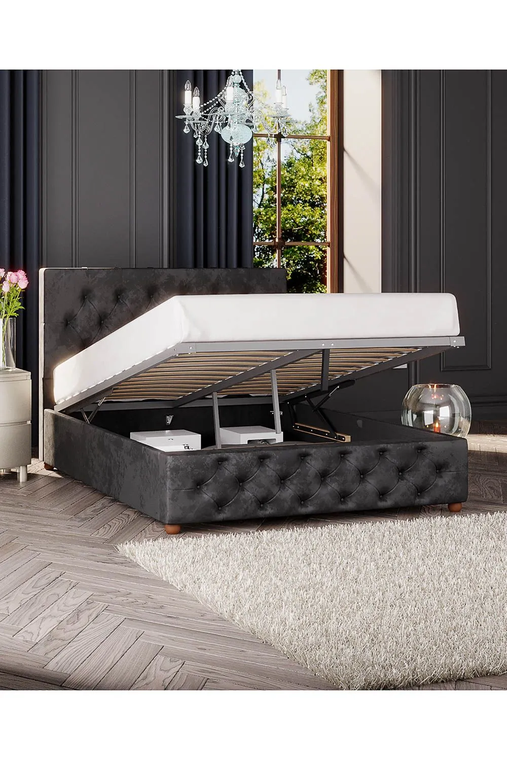 Laurence Llewelyn-Bowen Luna Ottoman Storage Bed in Mirazzi Velvet Fabric, Custom Made in Black