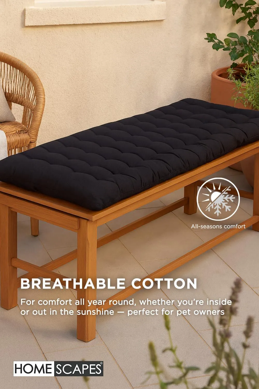 Homescapes Garden Bench Cushion Luxury 3 Seater Cotton Indoor Outdoor Pad, 143 x 48cm in Black 5