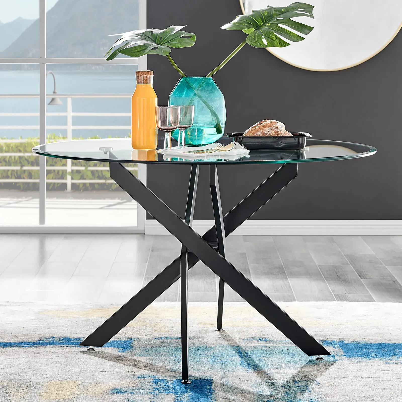 FurnitureboxUK Novara 120cm Round 6-Seater Glass & Metal Starburst Dining Table in Black 1