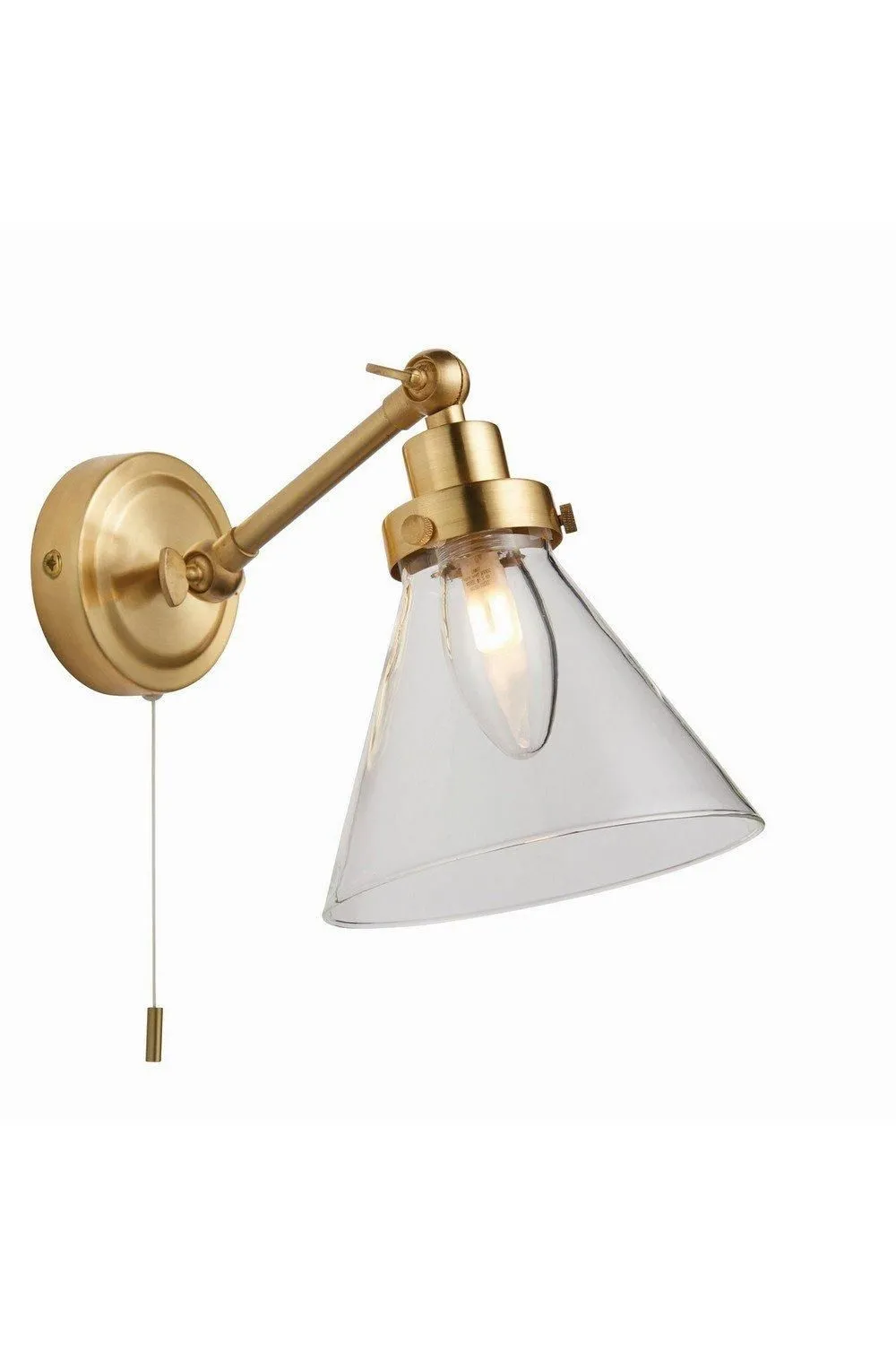 Netlighting Faraday Bathroom Adjustable Dome Wall Light with Pull Cord Satin Brass Glass Shade in Gold