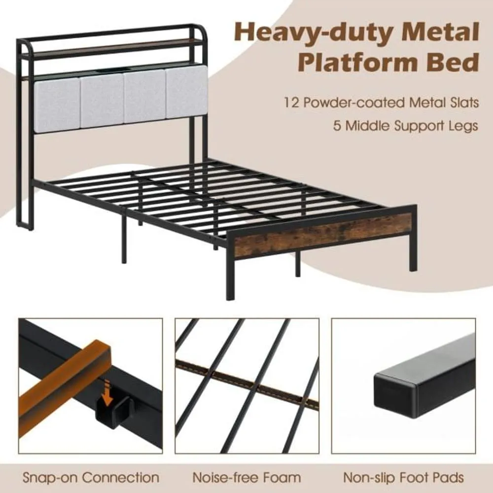 Costway Double Size Bed Frame w/ LED Light & Charging Station-Brown in Brown 4