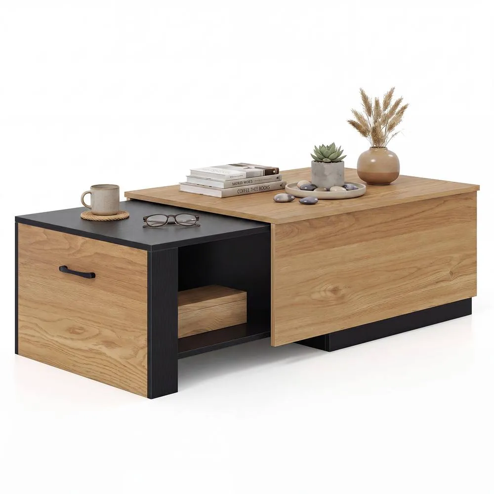 Costway Wooden Rectangle Extendable Coffee Table with Sliding Tabletop in Natural