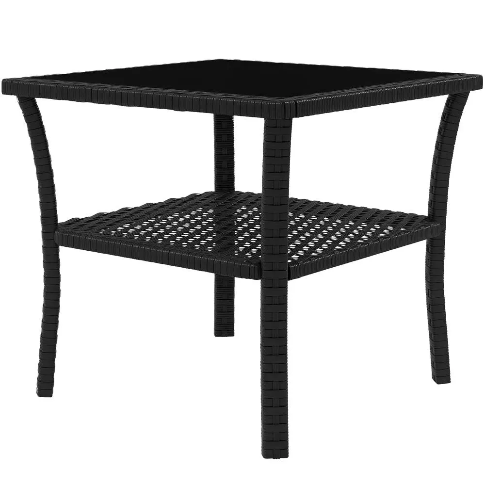 OUTSUNNY PE Rattan Coffee Table, Two-tier Side Table with Glass Top in Black 2