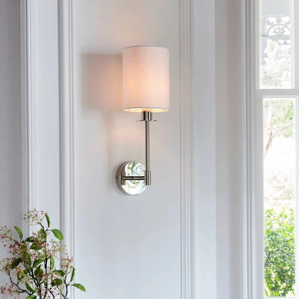 Endon Collection Sancerre Wall Lamp With Shade Bright Nickel Plate Vintage White Fabric 1X E14, Grey 4