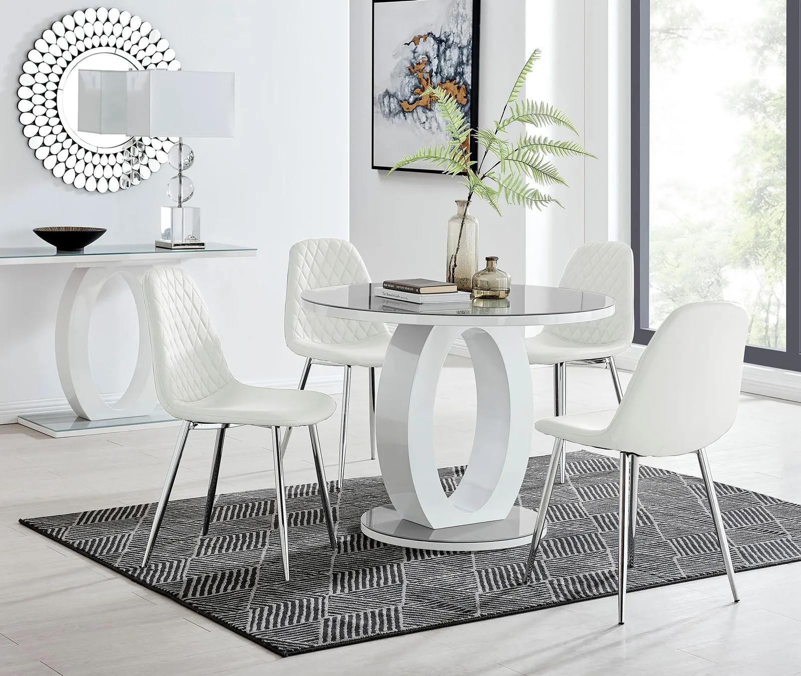 FurnitureboxUK Giovani Round 4 Seat 100cm White High Gloss Halo Base Grey Glass Top Dining Table 4 Soft Faux Leather Silver Leg Corona Chairs 1